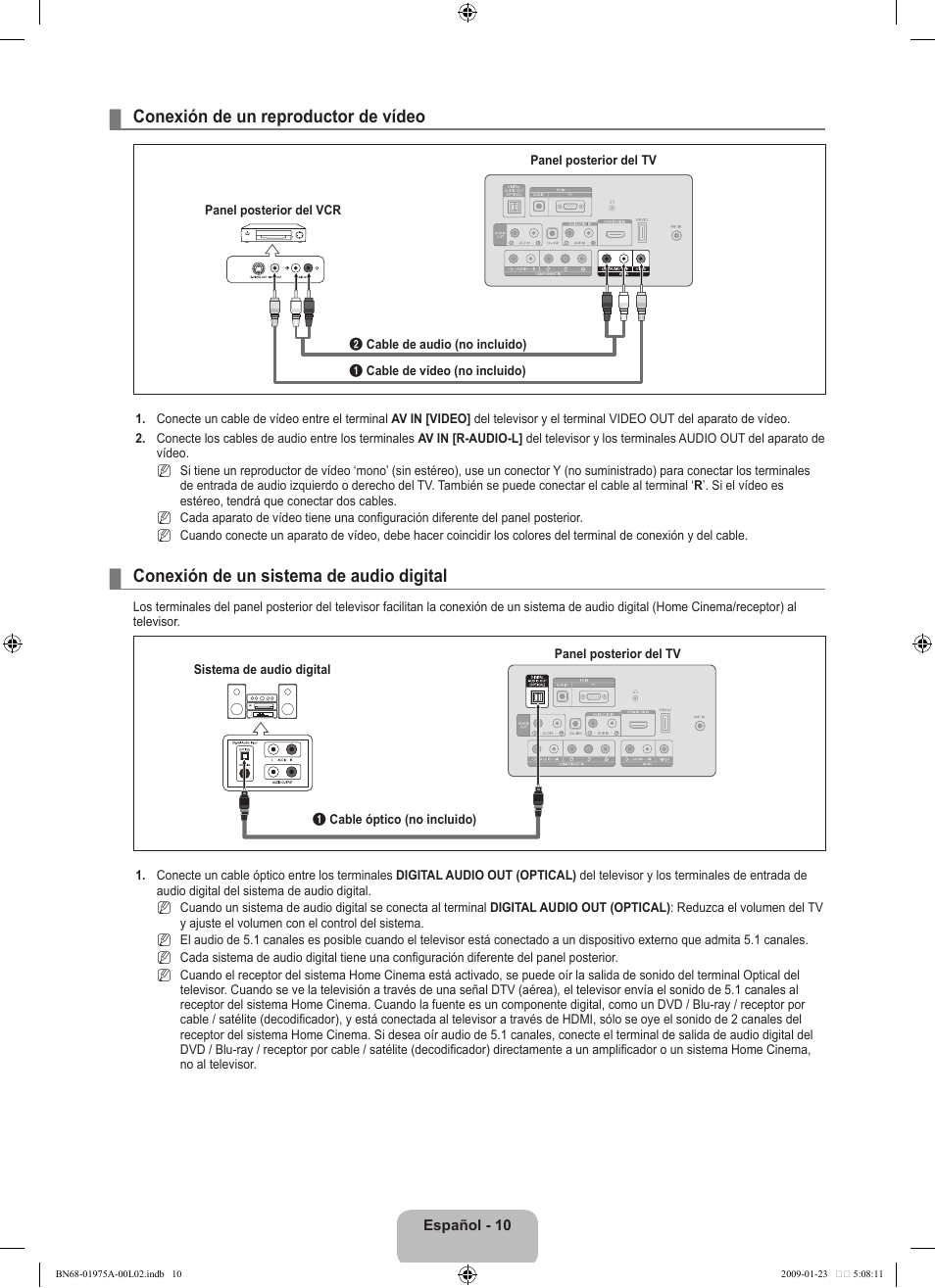 Conexión de un reproductor de vídeo, Conexión de un sistema de audio digital | Samsung BN68-01975A-01 User Manual | Page 58 / 93