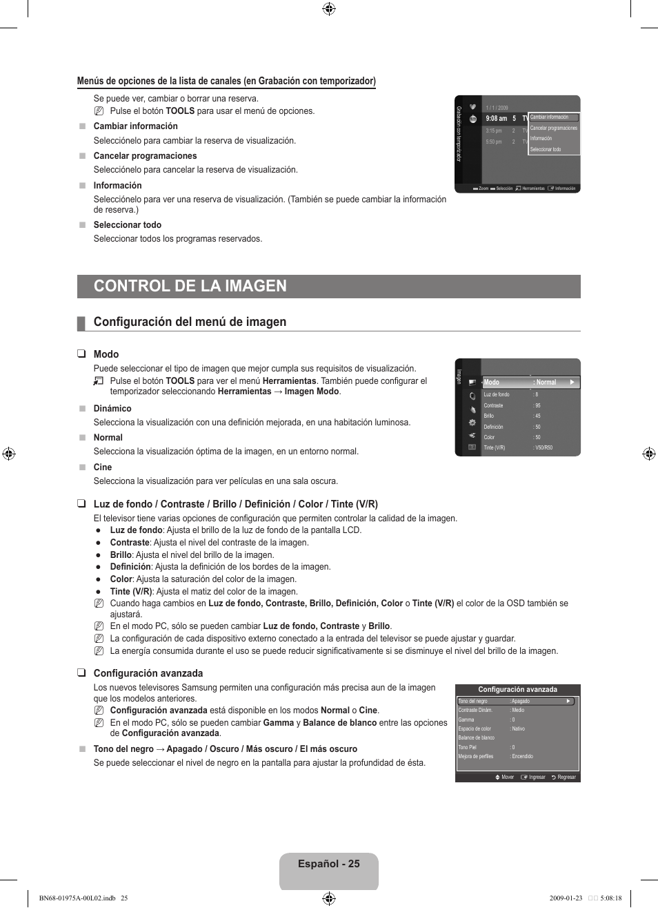 Control de la imagen, Configuración del menú de imagen, Modo | Configuración avanzada | Samsung BN68-01975A-01 User Manual | Page 73 / 93