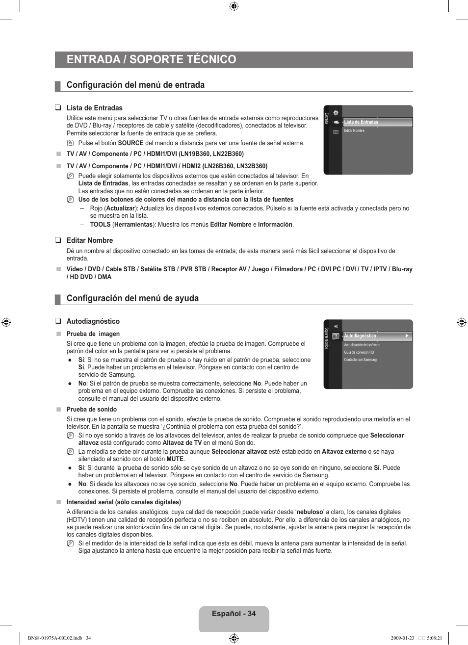 Entrada / soporte técnico, Configuración del menú de entrada, Configuración del menú de ayuda | Samsung BN68-01975A-01 User Manual | Page 82 / 93