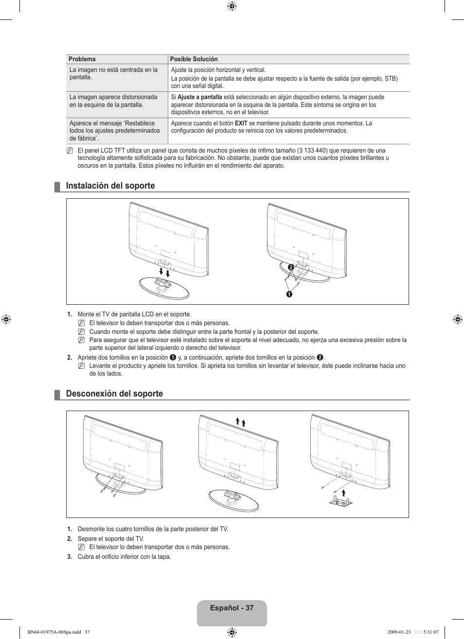 Instalación del soporte, Desconexión del soporte | Samsung BN68-01975A-01 User Manual | Page 85 / 93