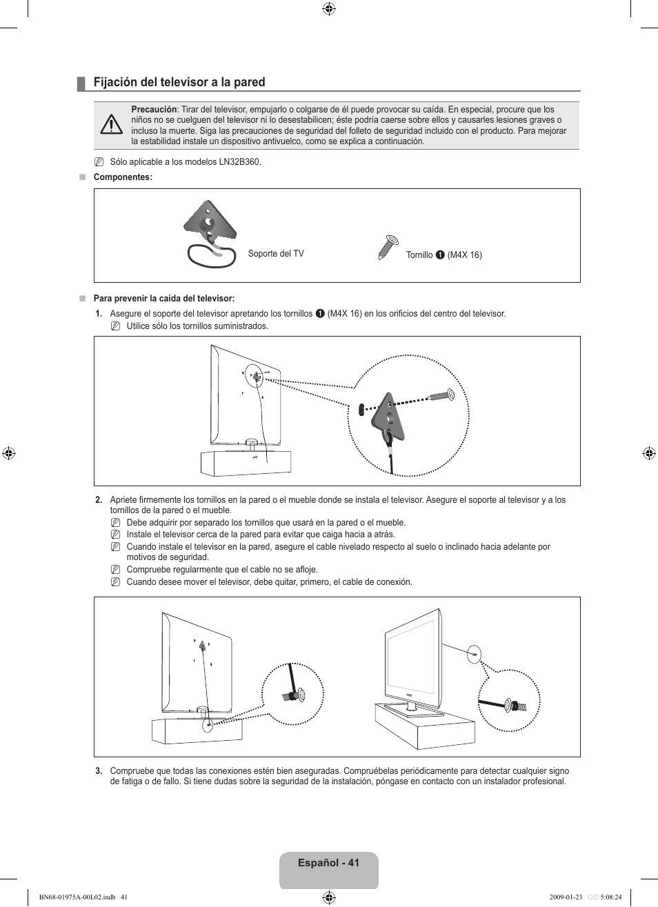 Fijación del televisor a la pared | Samsung BN68-01975A-01 User Manual | Page 89 / 93
