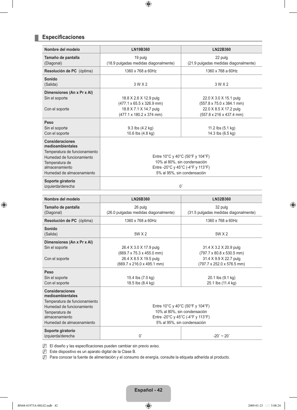 Especificaciones | Samsung BN68-01975A-01 User Manual | Page 90 / 93