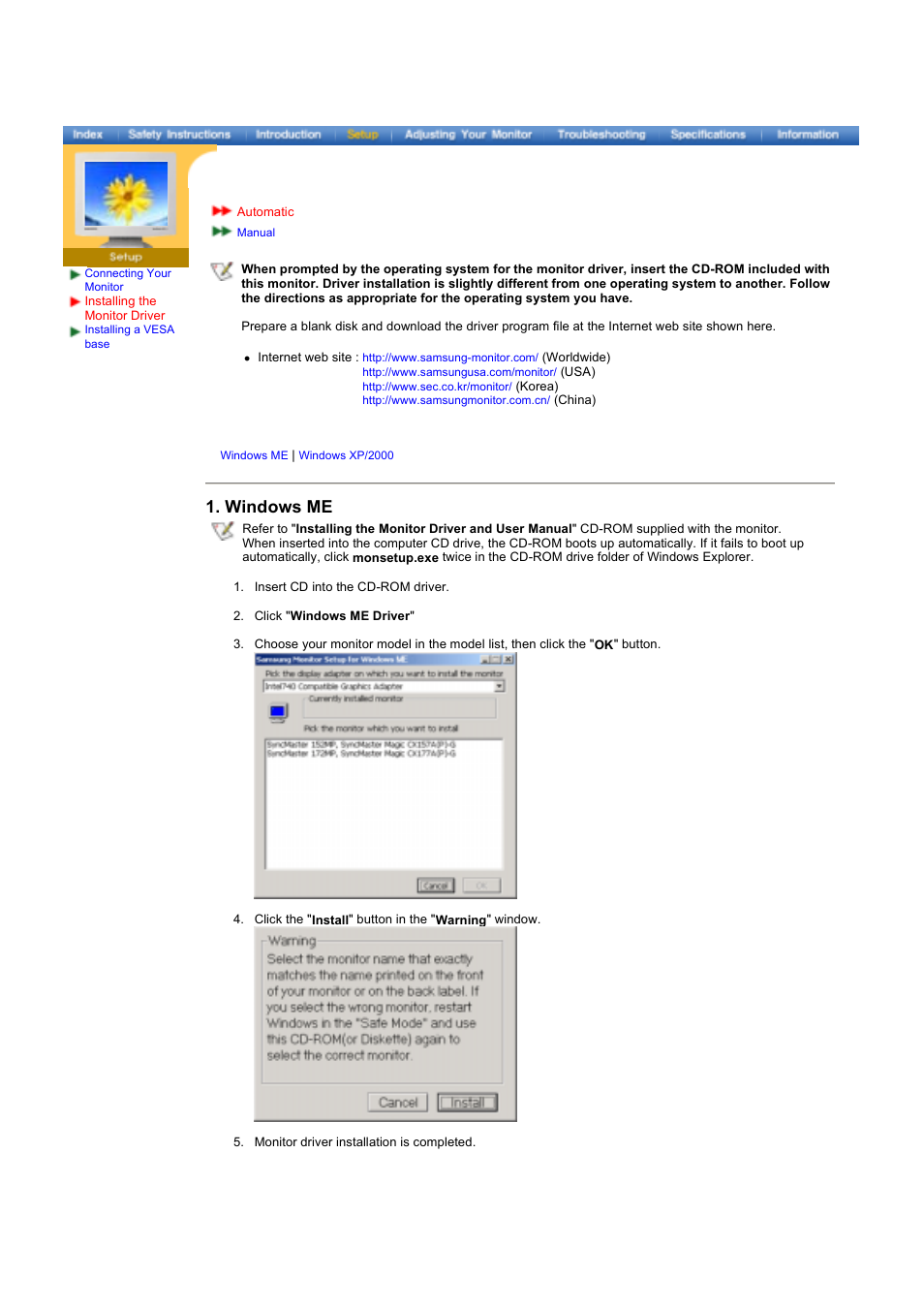 Installing the monitor driver, Automatic, Windows me | Samsung 173VT User Manual | Page 13 / 41