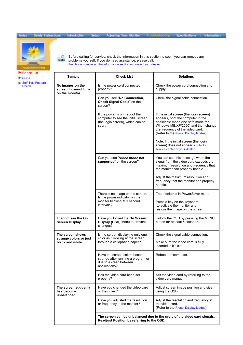 Troubleshooting, Check list | Samsung 173VT User Manual | Page 21 / 41