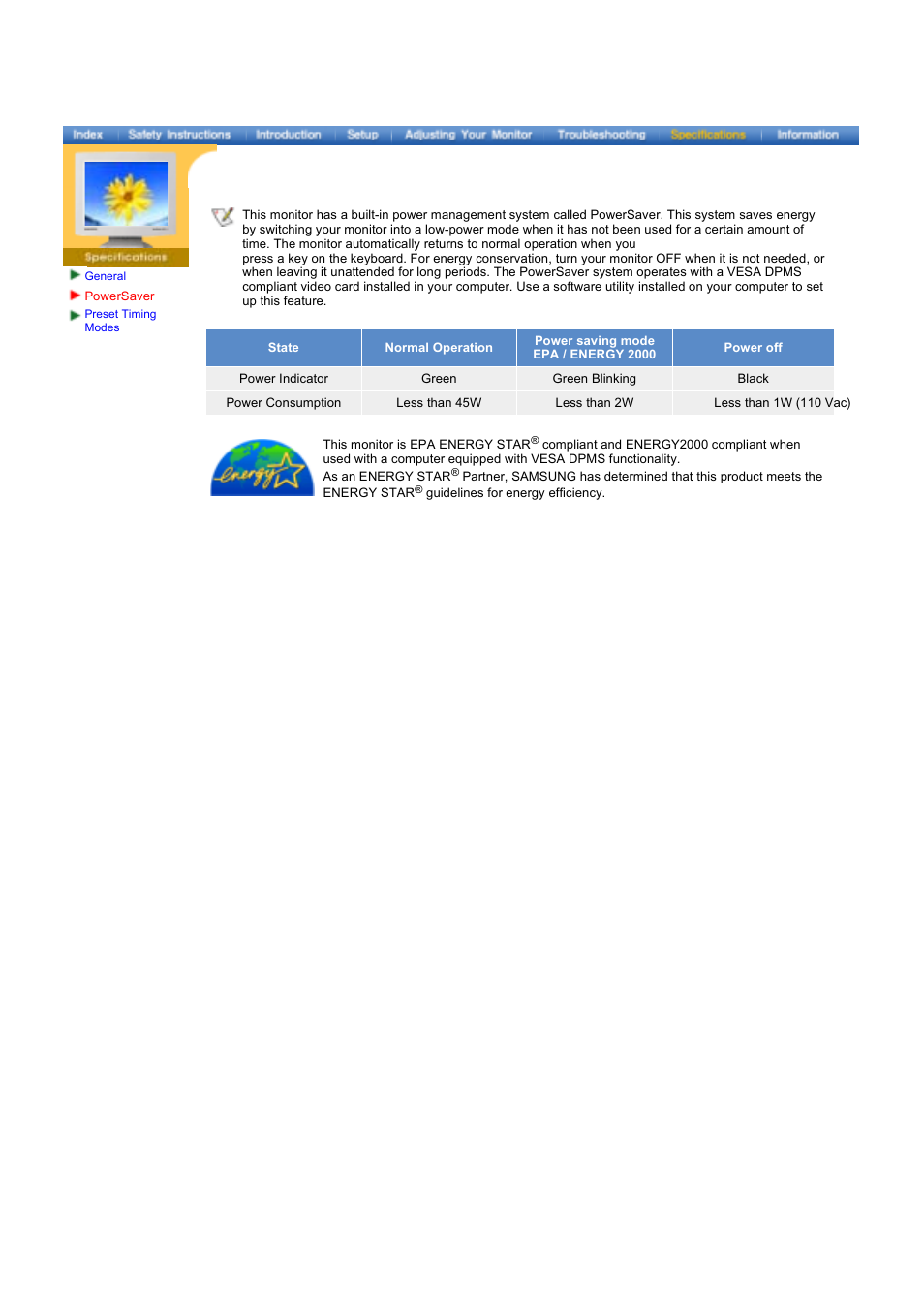 Powersaver | Samsung 173VT User Manual | Page 29 / 41