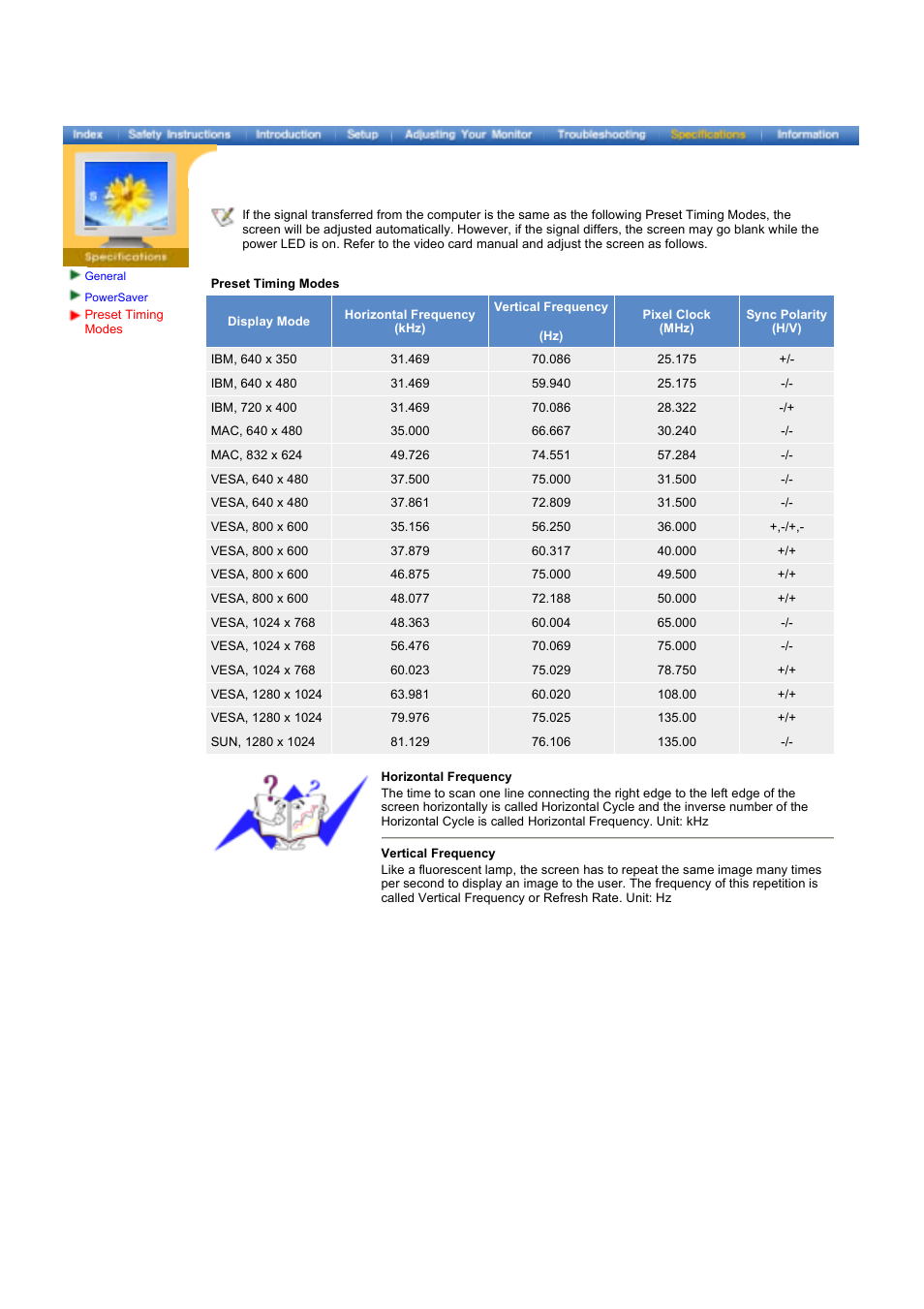 Preset timing modes | Samsung 173VT User Manual | Page 30 / 41