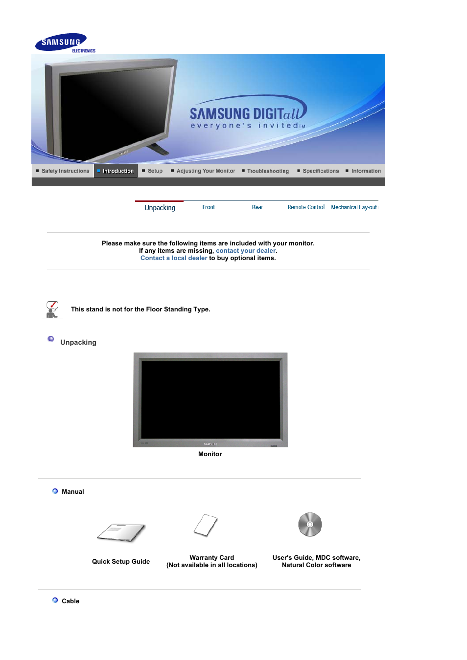 Introduction, Unpacking, Front | Samsung 320P User Manual | Page 10 / 70