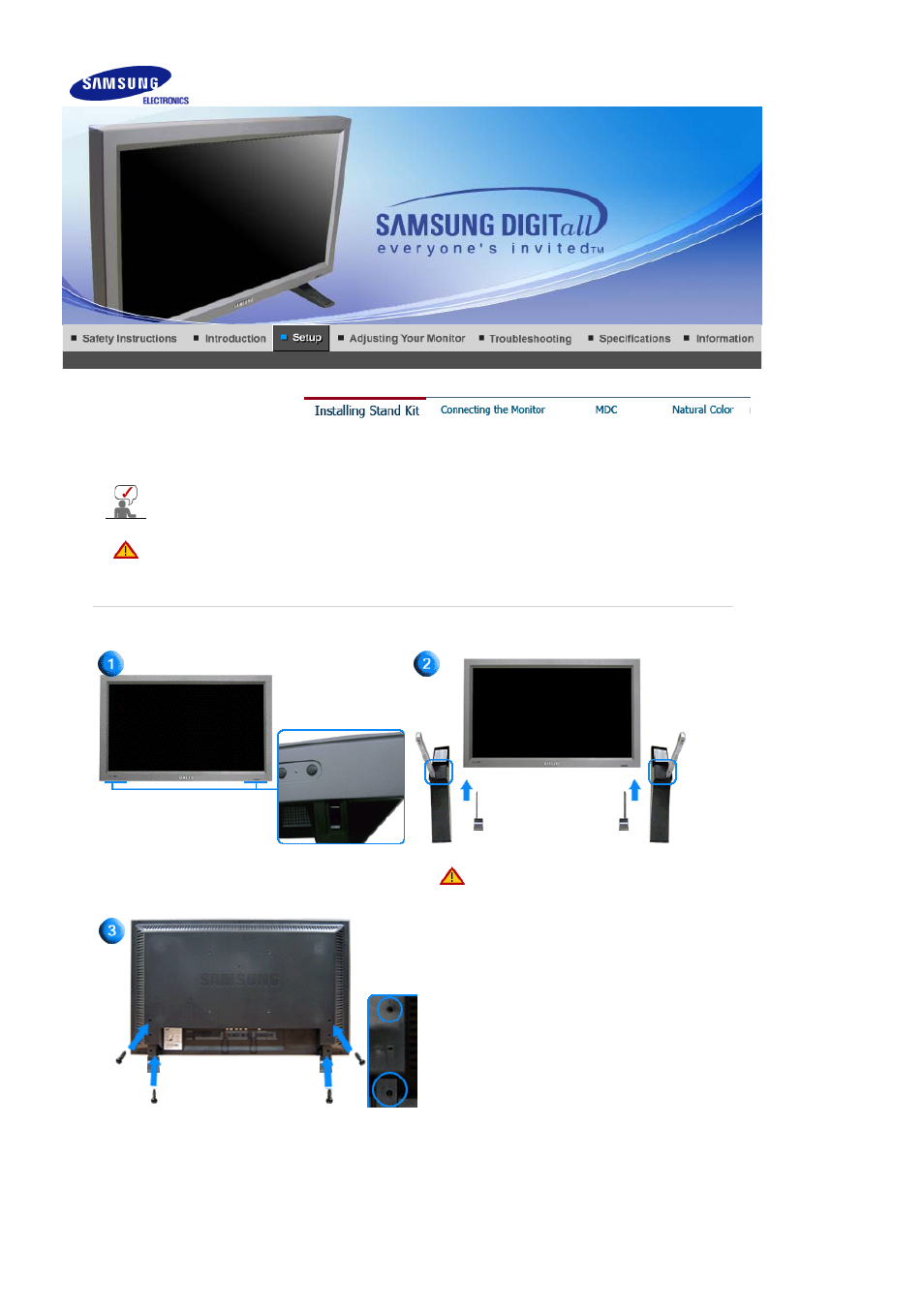 Installing stand kit, Connecting the monitor | Samsung 320P User Manual | Page 23 / 70