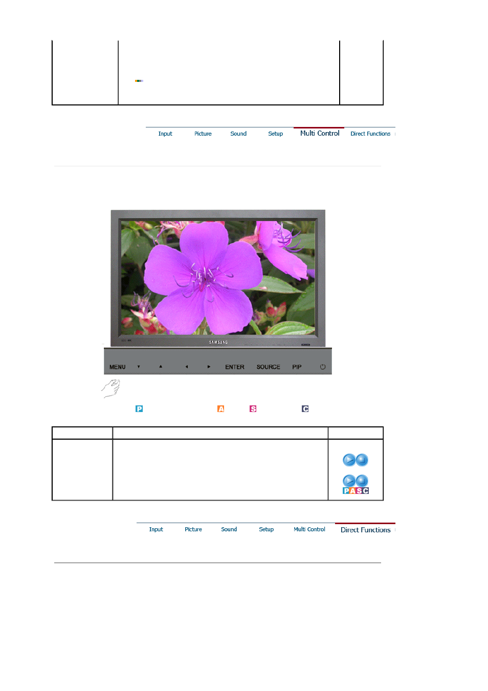 Setup, Direct functions, Multi control | Samsung 320P User Manual | Page 54 / 70