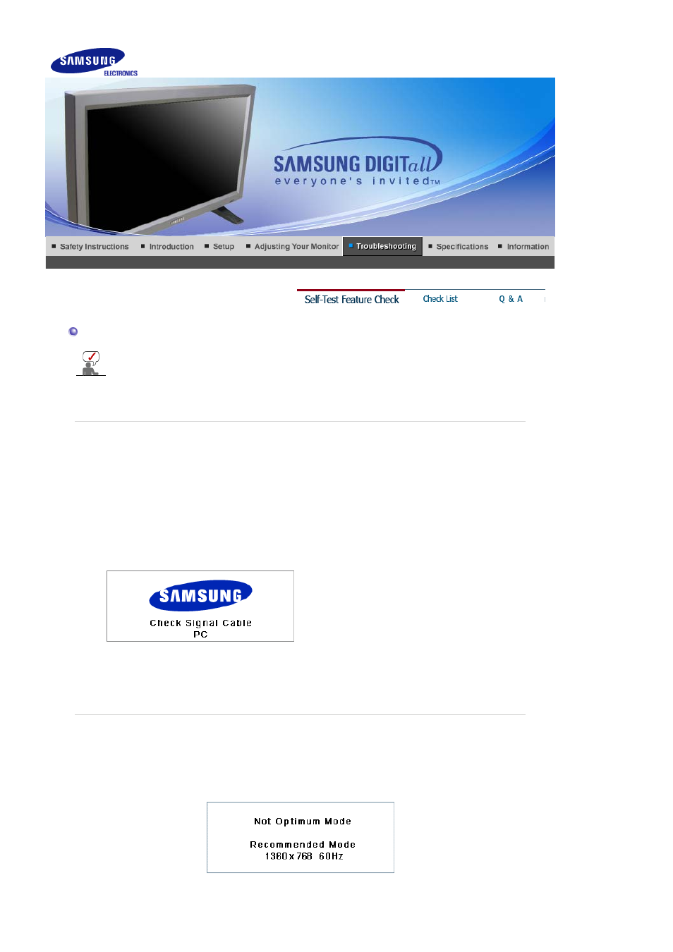 Self-test feature check, Check list | Samsung 320P User Manual | Page 56 / 70