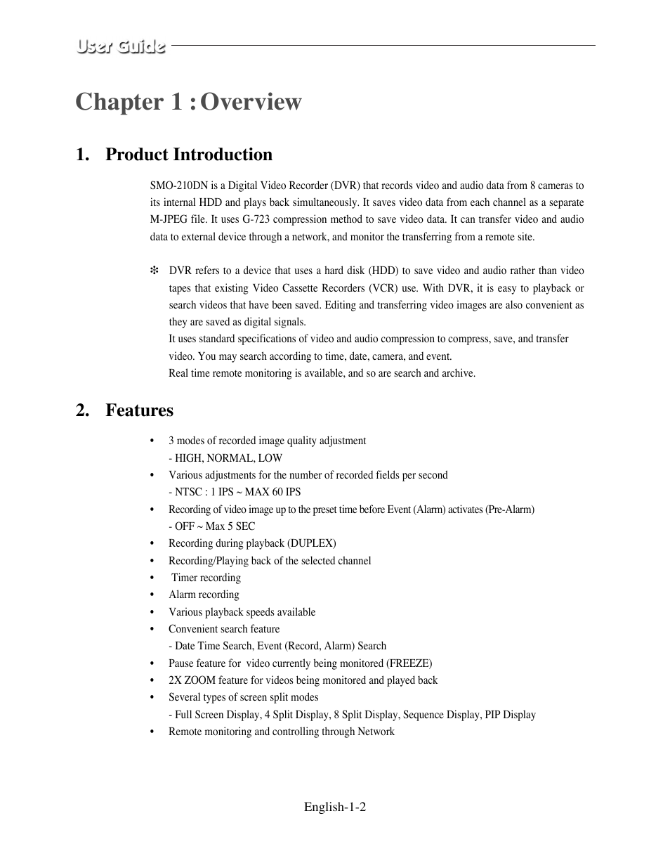 Product introduction, Features, Chapter 1 : overview | Samsung SMO-210DN User Manual | Page 14 / 138