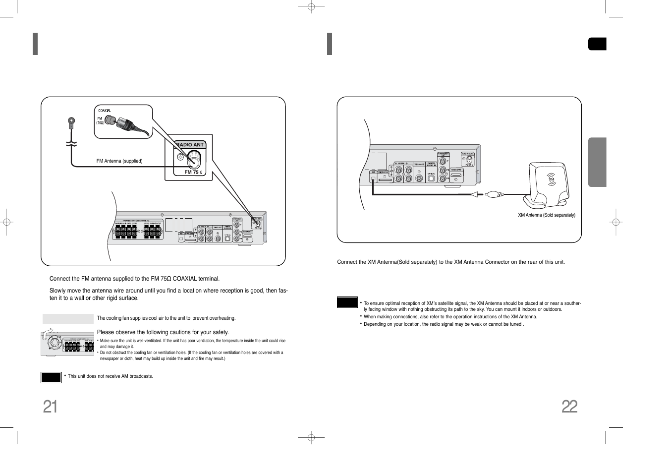 Connecting the fm antenna, Connecting an optional xm satellite radio antenna | Samsung HT-Q70 User Manual | Page 12 / 43