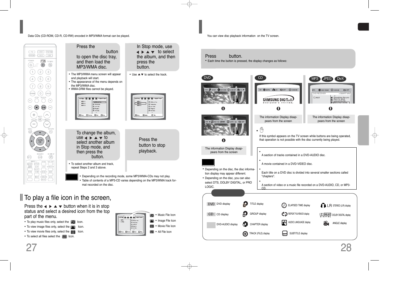 Mp3/wma-cd playback, Displaying disc information | Samsung HT-Q70 User Manual | Page 15 / 43