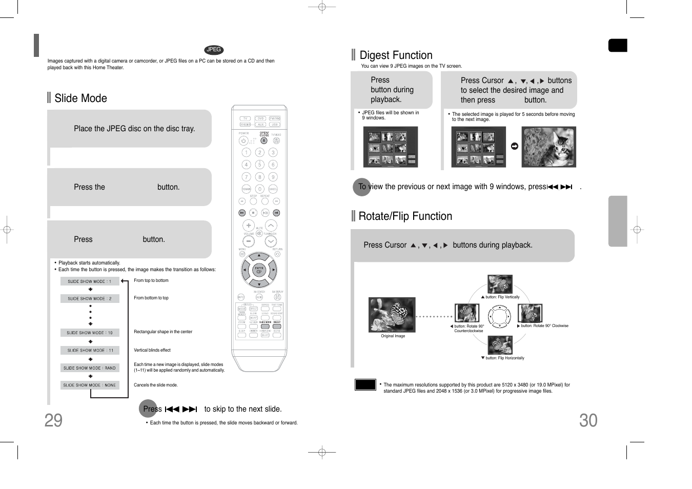 Jpeg file playback, Rotate/flip function, Digest function | Slide mode | Samsung HT-Q70 User Manual | Page 16 / 43