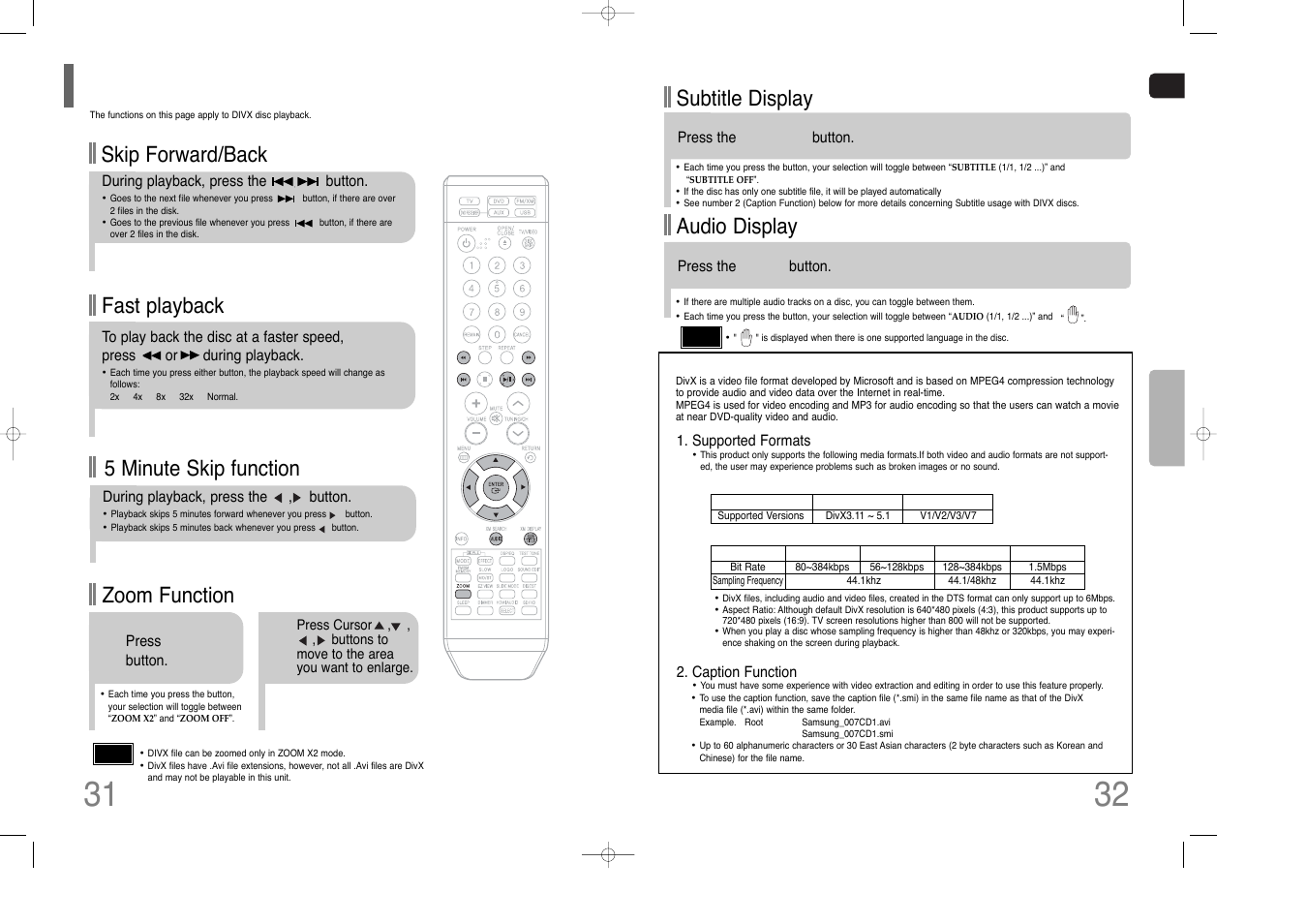 Divx playback, Fast playback, Skip forward/back | Zoom function, 5 minute skip function, Subtitle display, Audio display | Samsung HT-Q70 User Manual | Page 17 / 43