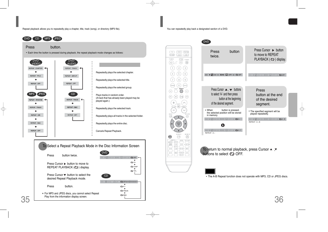 Repeat playback, A-b repeat playback, Repeat playback a-b repeat playback | Samsung HT-Q70 User Manual | Page 19 / 43