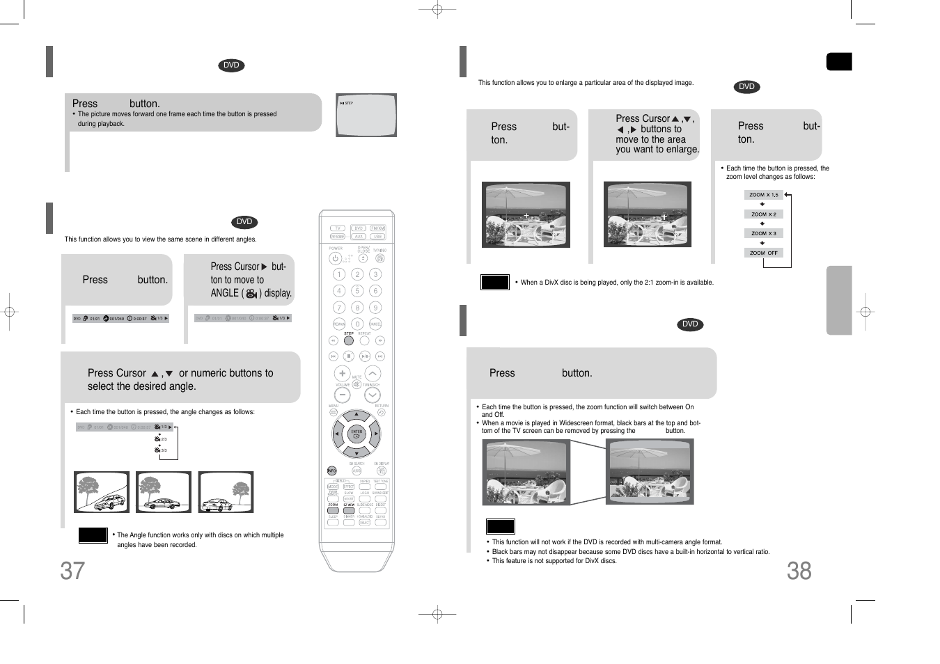 Step function, Zoom (screen enlarge) function, Ez view function | Angle function, Zoom (screen enlarge) function ez view function | Samsung HT-Q70 User Manual | Page 20 / 43