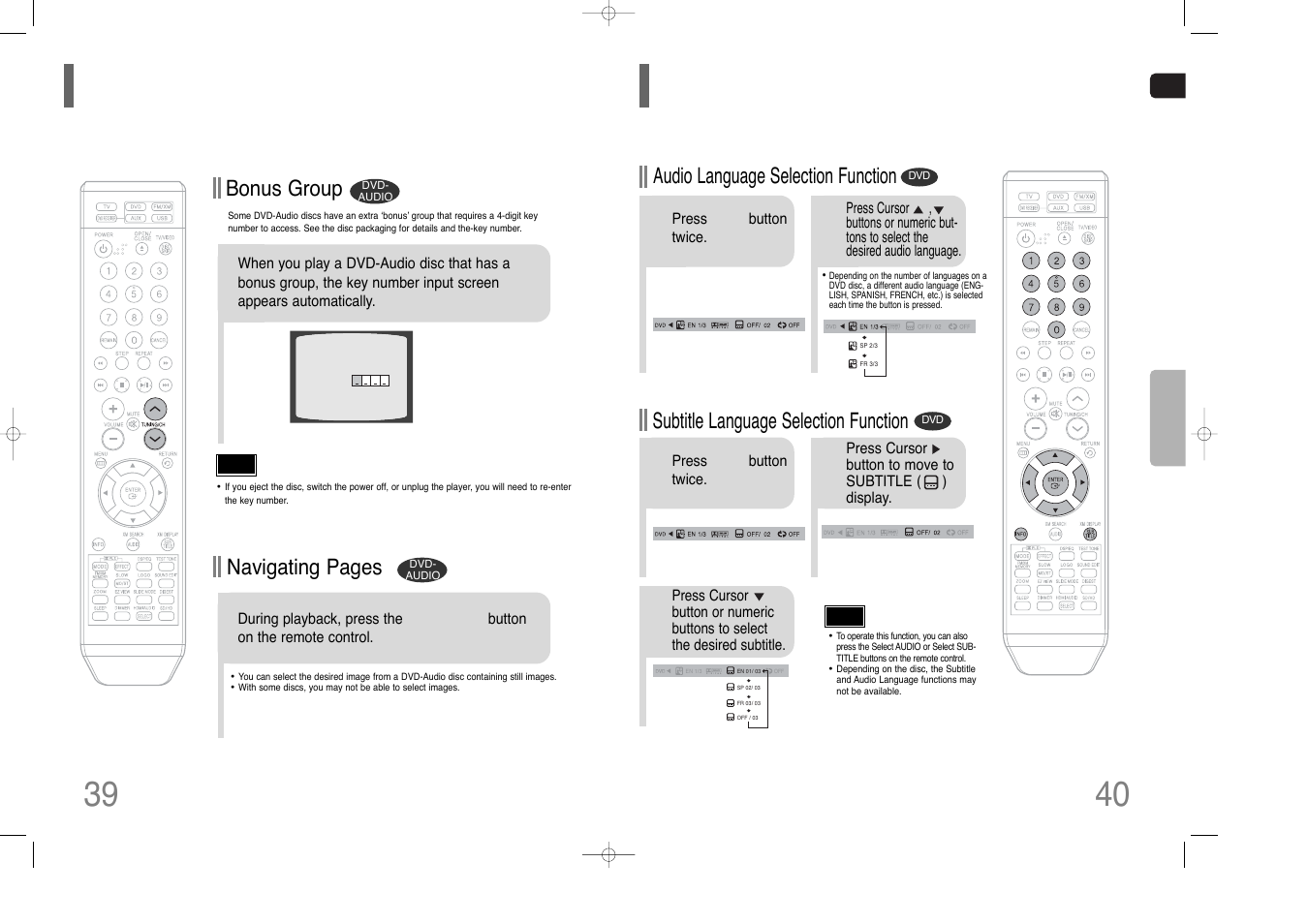 Selecting audio/subtitle language, Bonus group / navigating pages 40 39, Bonus group | Navigating pages, Audio language selection function, Subtitle language selection function | Samsung HT-Q70 User Manual | Page 21 / 43