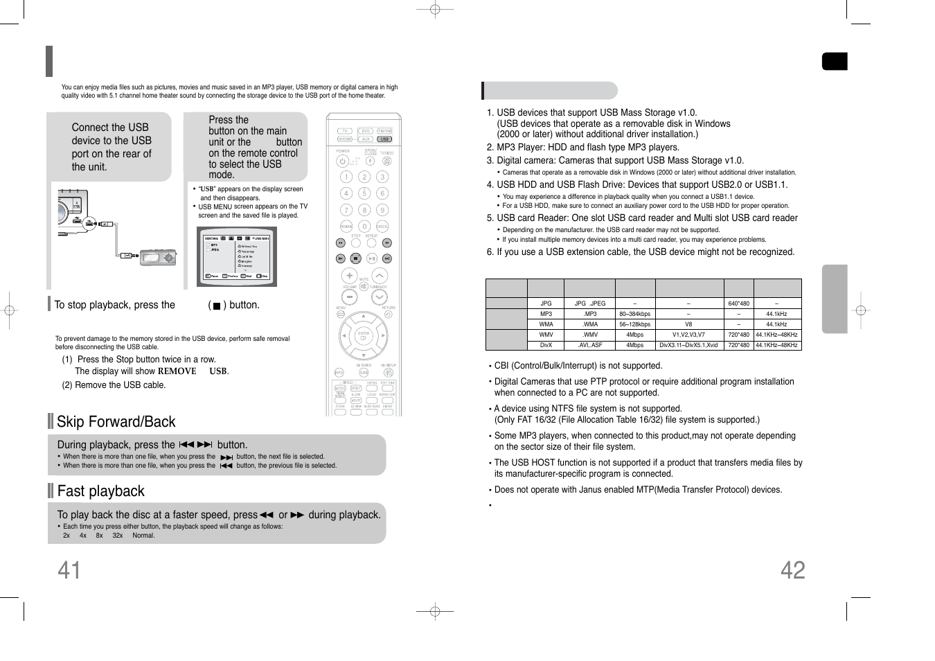 Playing media files using the usb host feature, Fast playback skip forward/back | Samsung HT-Q70 User Manual | Page 22 / 43