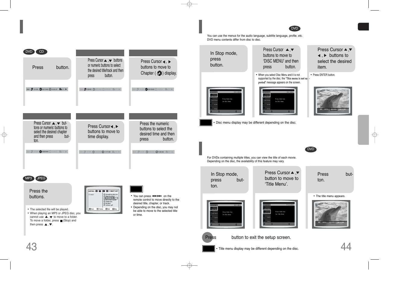 Moving directly to a scene/song, Using disc menu, Using the title menu | Samsung HT-Q70 User Manual | Page 23 / 43