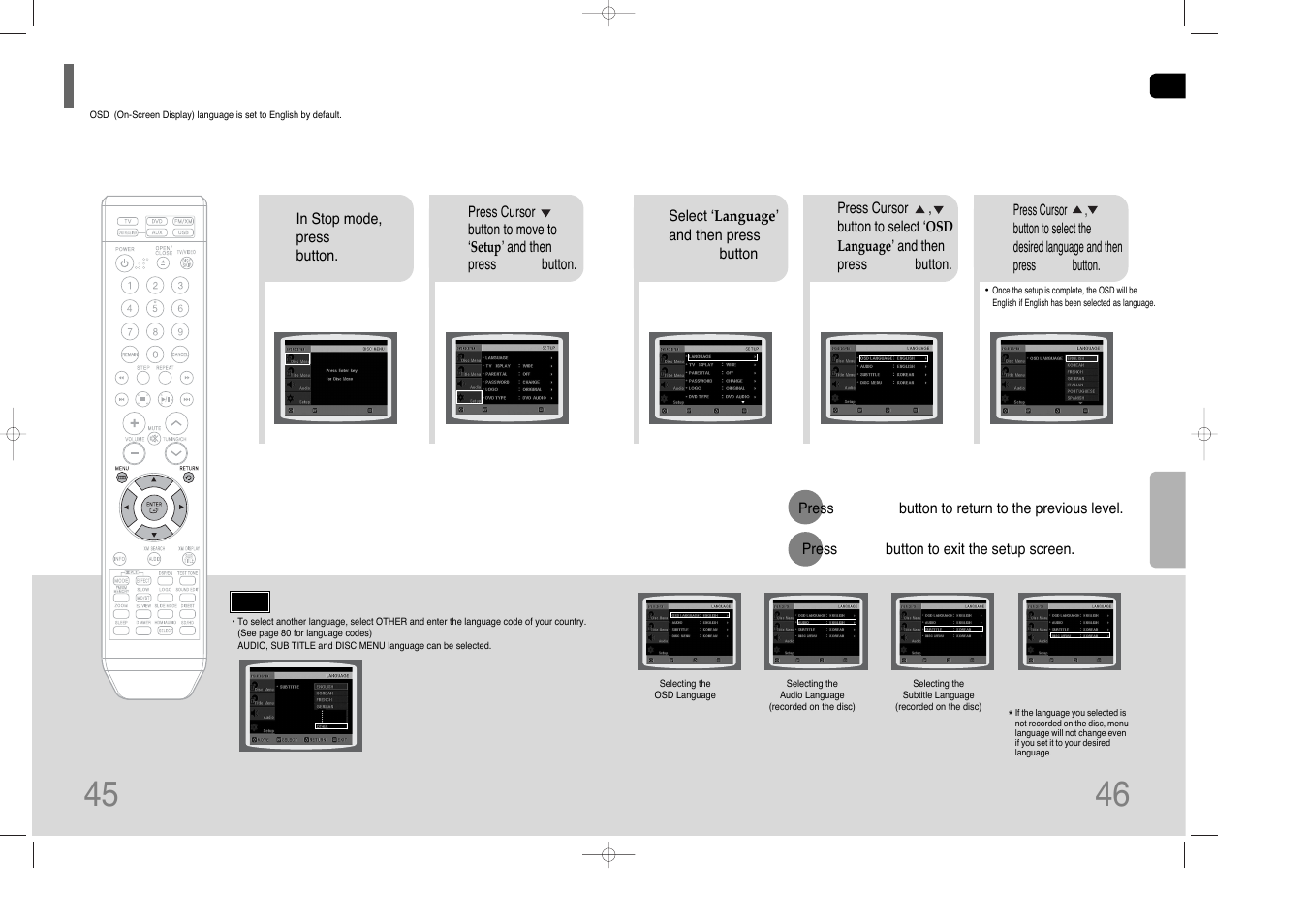 Setting the language, Setting the language 45 | Samsung HT-Q70 User Manual | Page 24 / 43