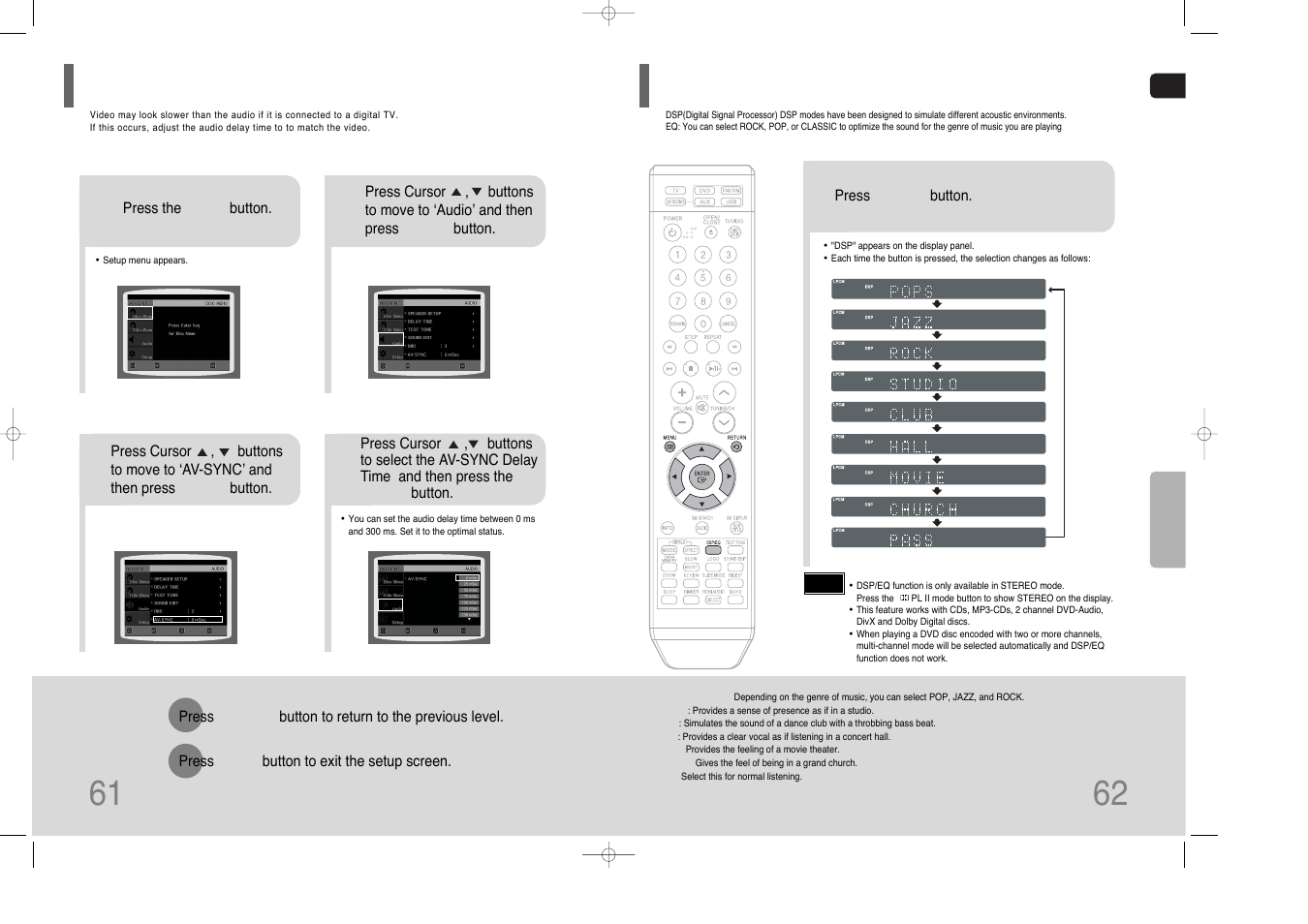 Av sync setup, Sound field (dsp)/eq function, Av sync setup 61 | Samsung HT-Q70 User Manual | Page 32 / 43