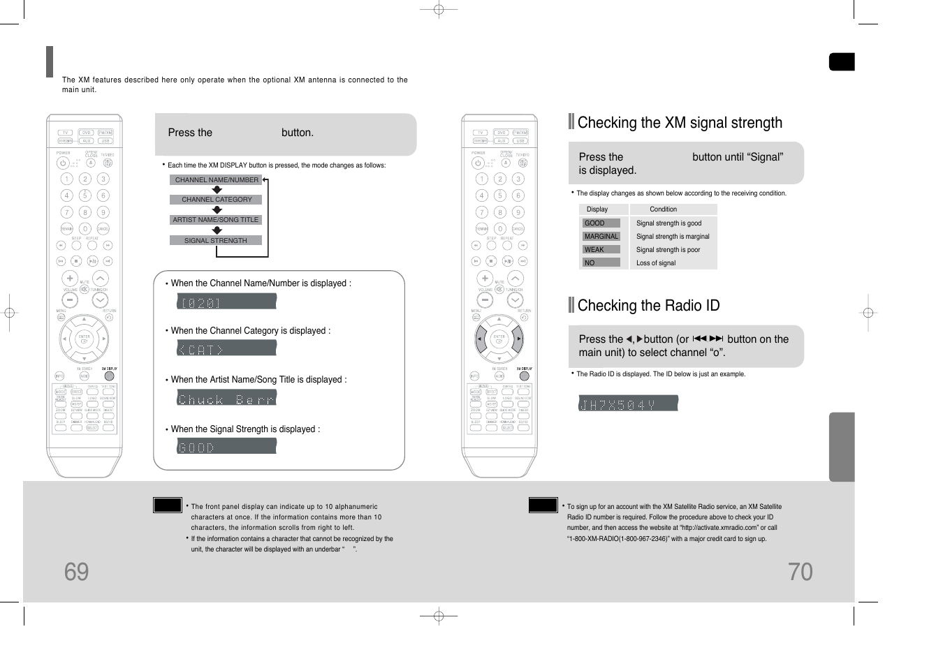 Xm display mode, 69 xm display mode, Checking the xm signal strength | Checking the radio id | Samsung HT-Q70 User Manual | Page 36 / 43