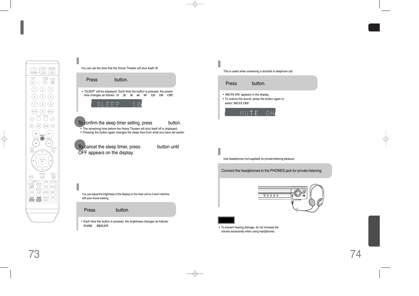 Convenient functions, Adjusting display brightness, Sleep timer function | Mute function, Using headphones | Samsung HT-Q70 User Manual | Page 38 / 43