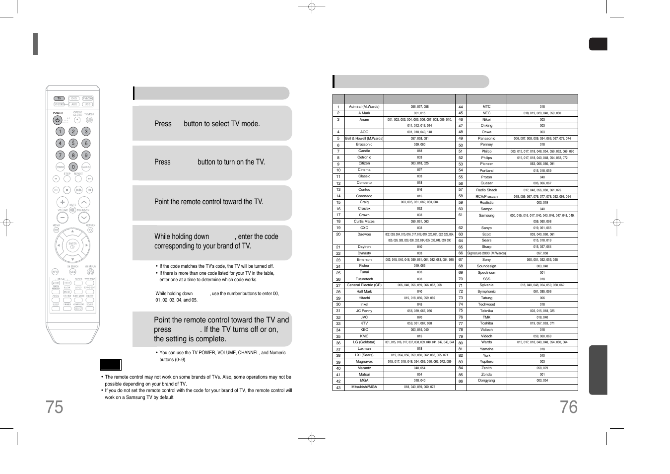 Operating a tv with the remote control, When operating a tv with the remote control, Press tv button to select tv mode | Press power button to turn on the tv, Point the remote control toward the tv, Tv brand code list, Miscellaneous | Samsung HT-Q70 User Manual | Page 39 / 43