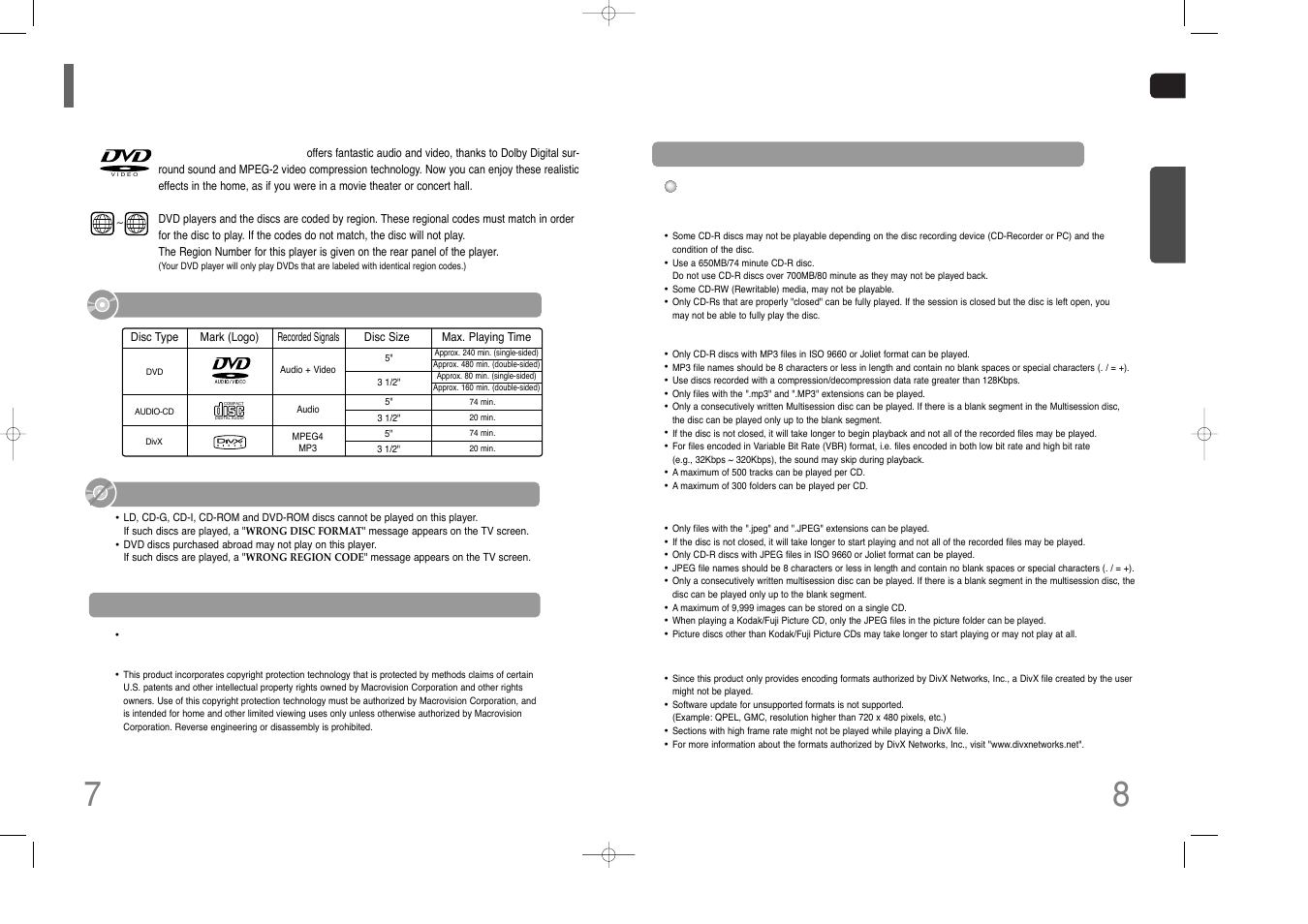 Notes on discs, Do not use the following types of disc, Playable discs | Disc recording format | Samsung HT-Q70 User Manual | Page 5 / 43