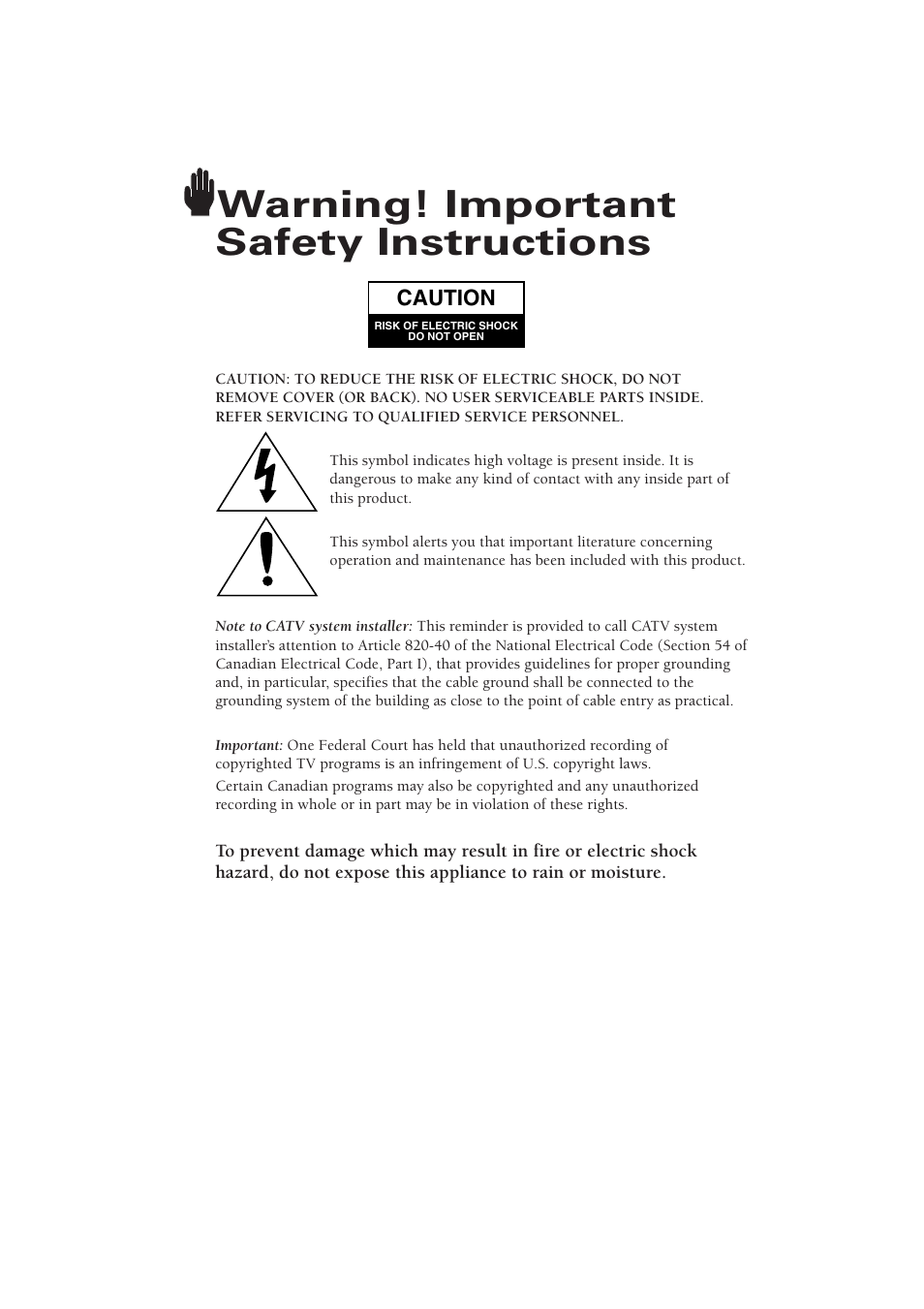 Warning! important safety instructions | Samsung CL21M6W User Manual | Page 2 / 54