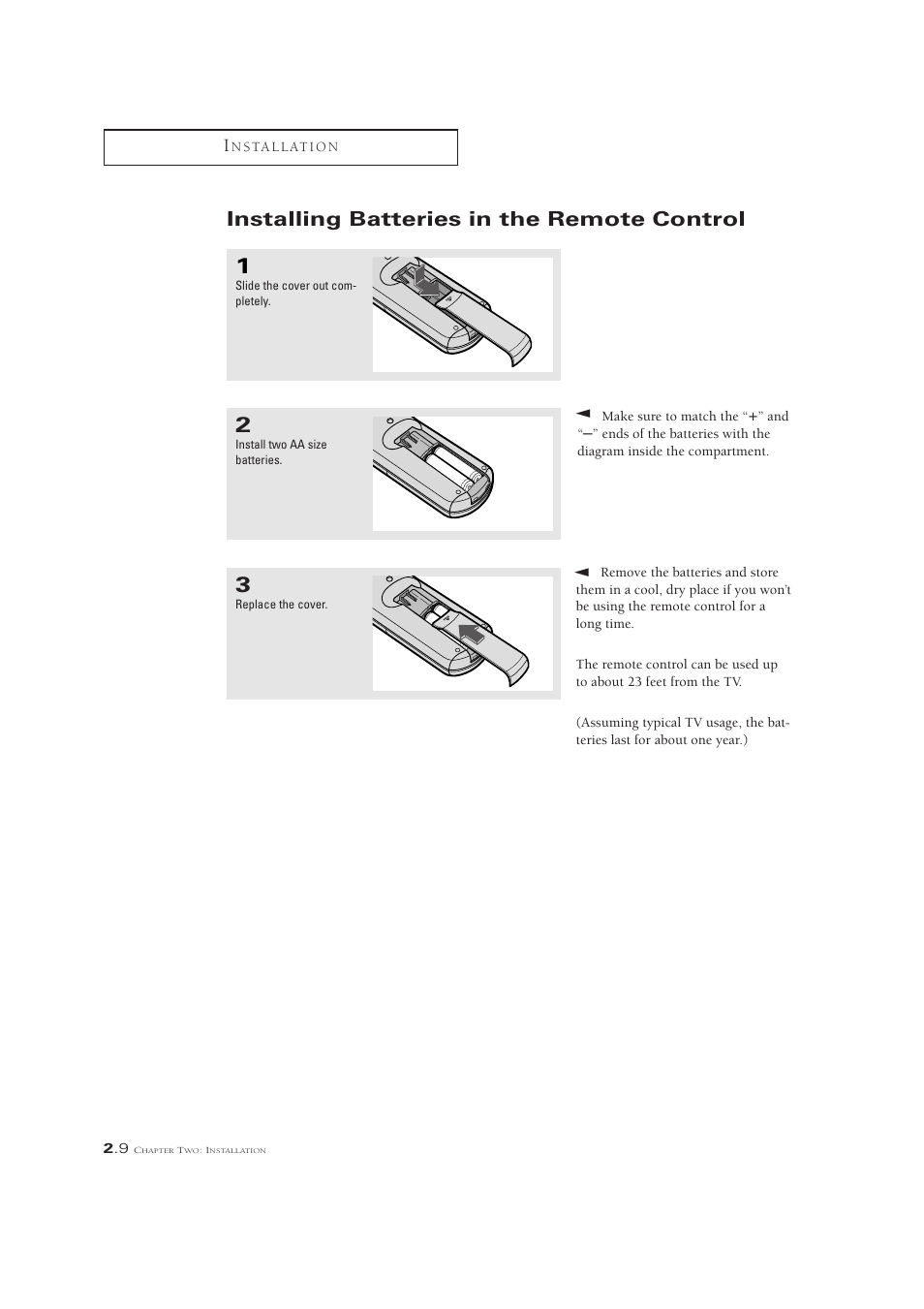 Installing batteries in the remote control | Samsung CL21M6W User Manual | Page 22 / 54