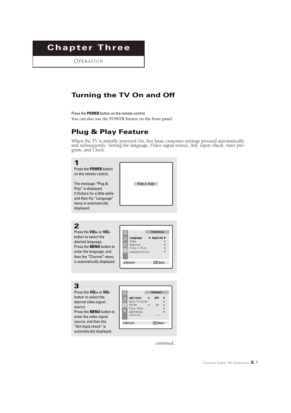 Turning the tv on and off, Plug & play feature | Samsung CL21M6W User Manual | Page 23 / 54