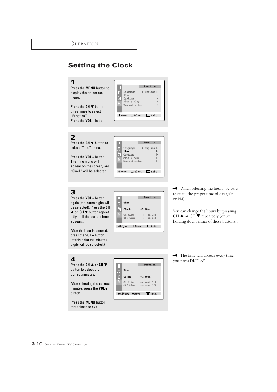 Setting the clock | Samsung CL21M6W User Manual | Page 32 / 54