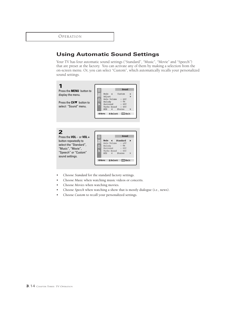 Using automatic sound settings | Samsung CL21M6W User Manual | Page 36 / 54