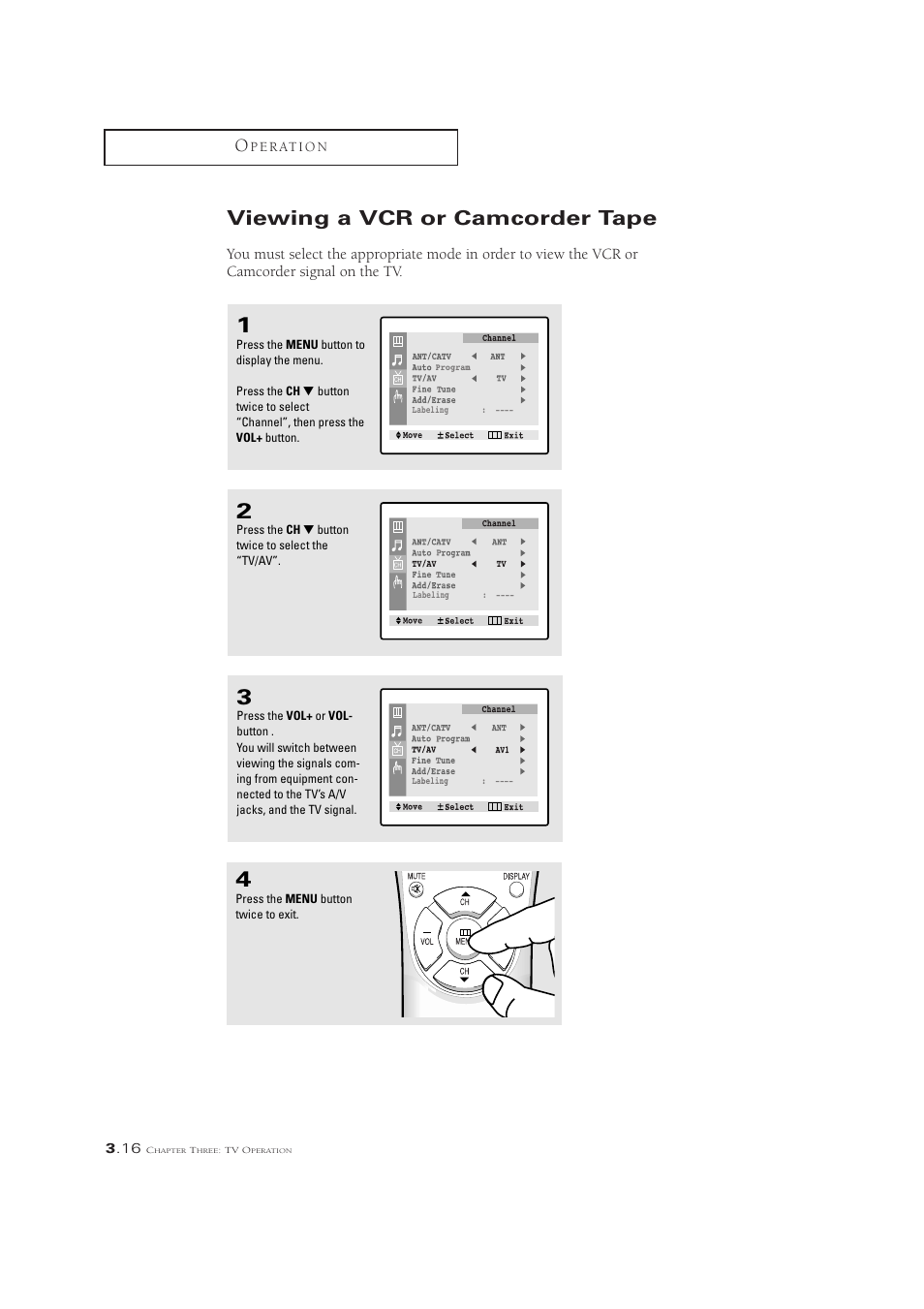 Viewing a vcr or camcorder tape | Samsung CL21M6W User Manual | Page 38 / 54