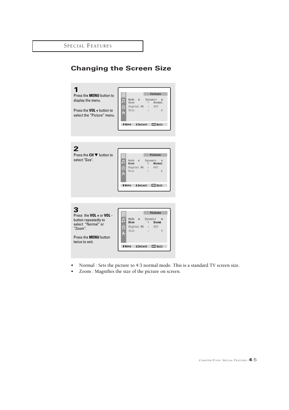 Changing the screen size | Samsung CL21M6W User Manual | Page 43 / 54
