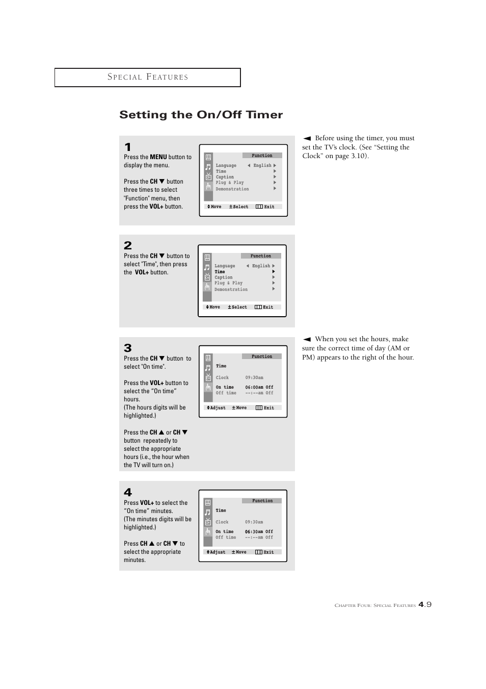 Setting the on/off timer | Samsung CL21M6W User Manual | Page 47 / 54