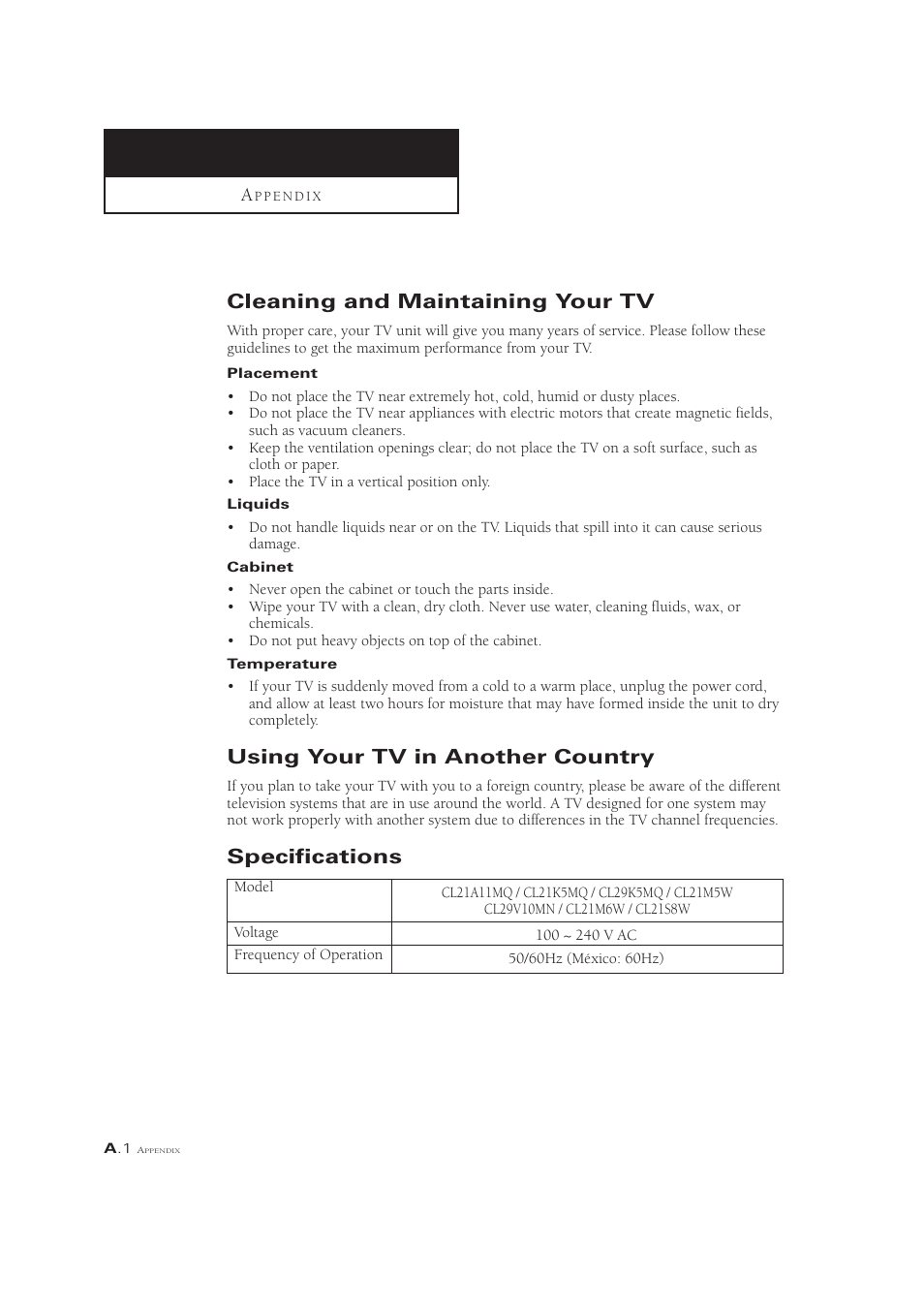 Cleaning and maintaining your tv, Using your tv in another country, Specifications | Samsung CL21M6W User Manual | Page 54 / 54