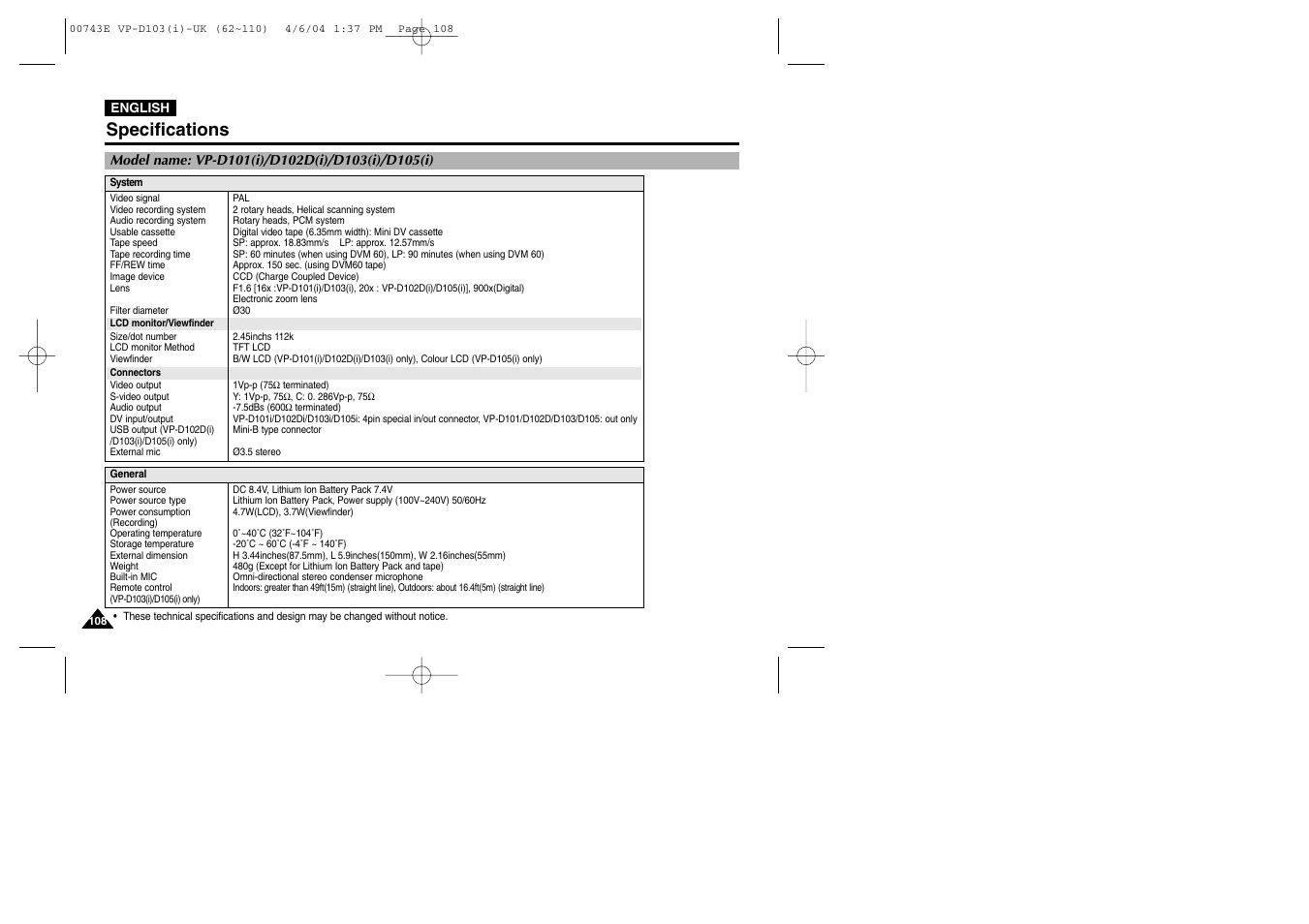 Specifications | Samsung D103 User Manual | Page 108 / 114