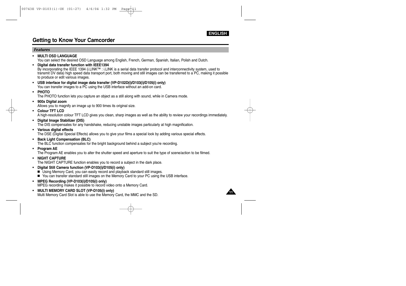 Getting to know your camcorder | Samsung D103 User Manual | Page 11 / 114