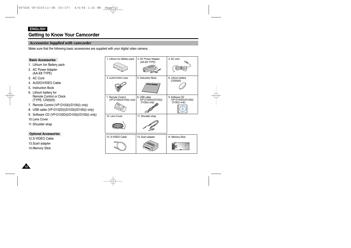 Getting to know your camcorder | Samsung D103 User Manual | Page 12 / 114