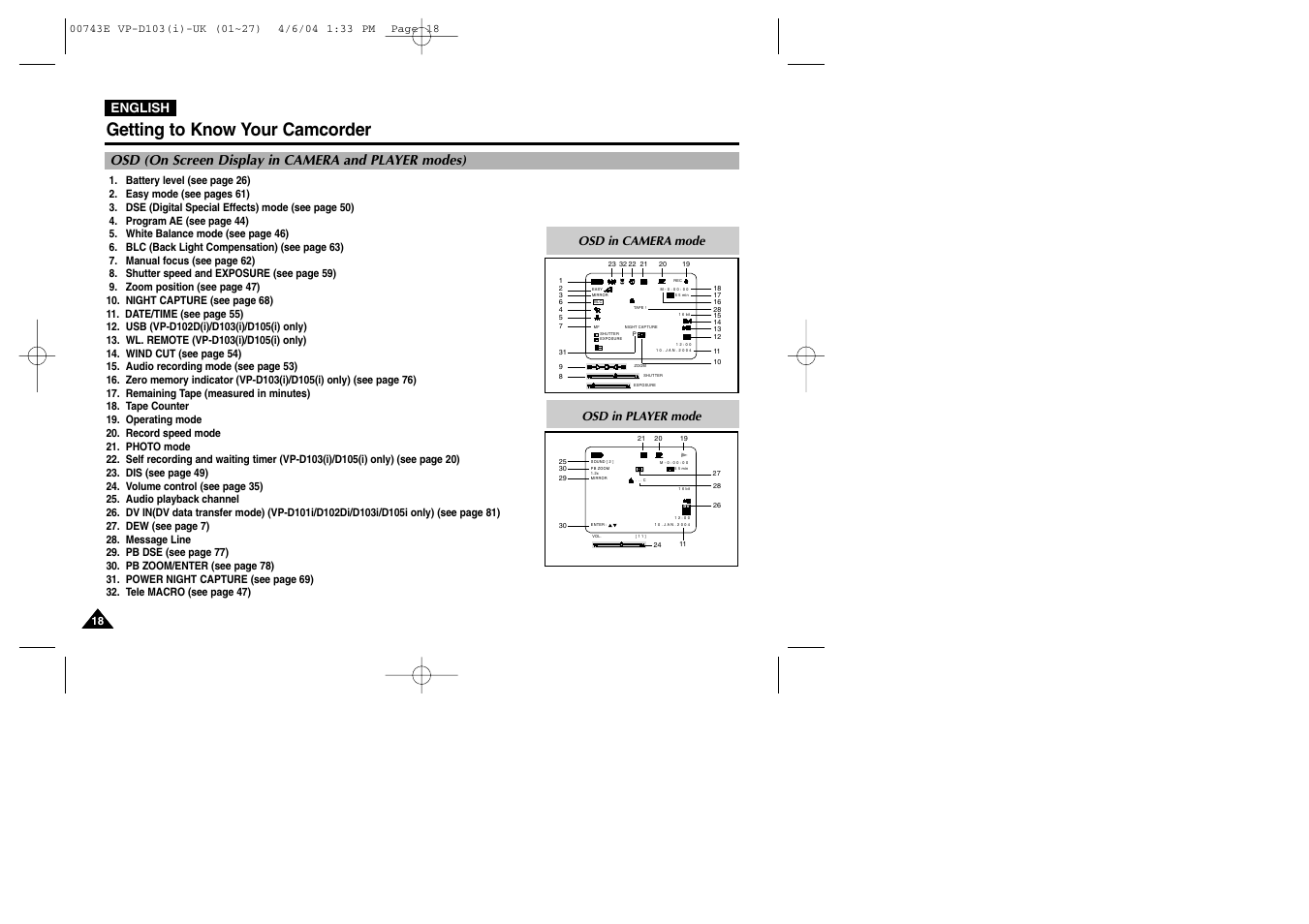 Getting to know your camcorder, Osd (on screen display in camera and player modes), English | Osd in camera mode, Osd in player mode | Samsung D103 User Manual | Page 18 / 114