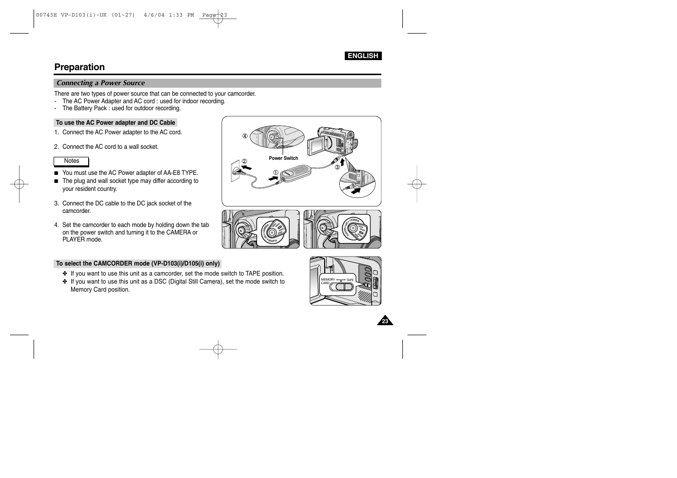 Preparation | Samsung D103 User Manual | Page 23 / 114