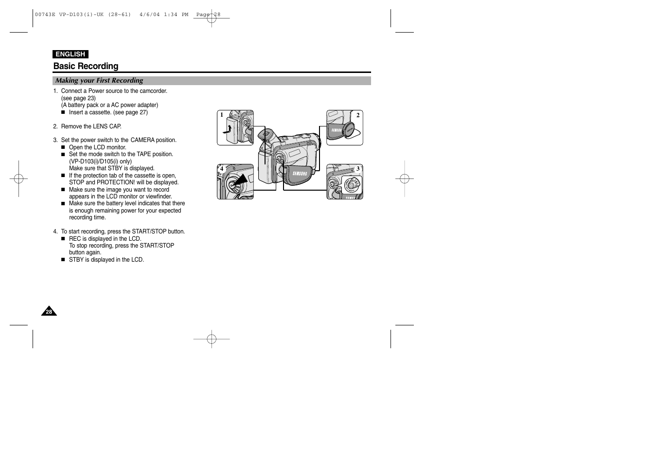 Basic recording | Samsung D103 User Manual | Page 28 / 114