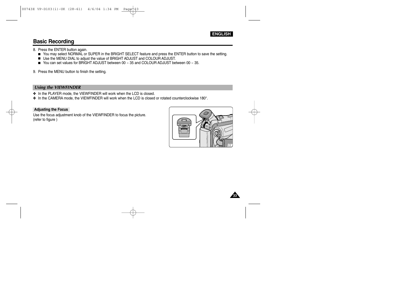 Basic recording | Samsung D103 User Manual | Page 33 / 114