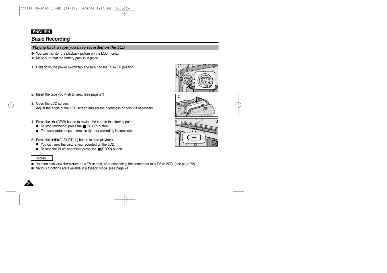Basic recording | Samsung D103 User Manual | Page 34 / 114