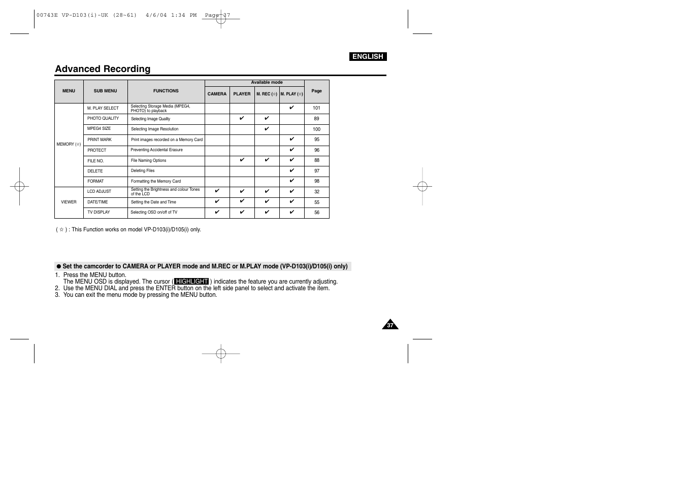 Advanced recording | Samsung D103 User Manual | Page 37 / 114