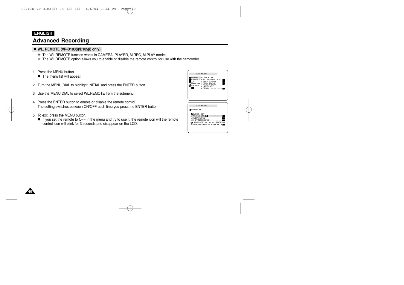 Advanced recording | Samsung D103 User Manual | Page 40 / 114