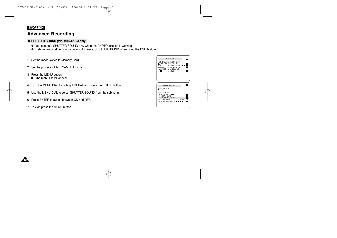 Advanced recording | Samsung D103 User Manual | Page 42 / 114
